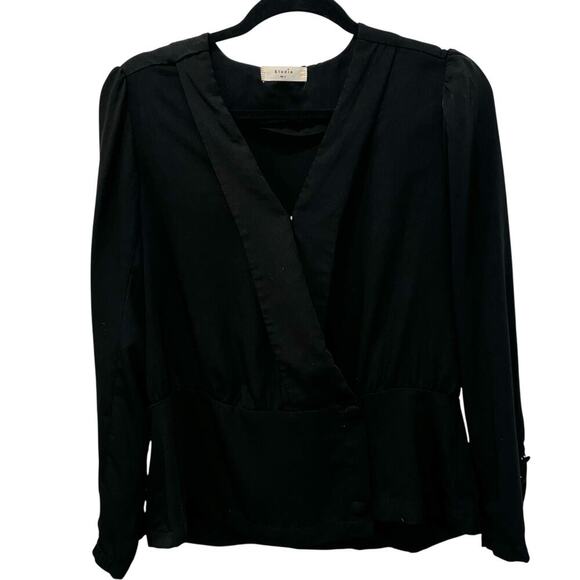 Elodie Black Surplice Wrap Blouse Size L – Long Sleeve V‑Neck Peplum Style - Picture 1 of 7